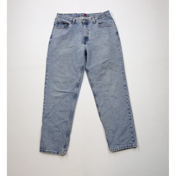 Vtg 90s Tommy Hilfiger Mens 34x30 Distressed Spell Out Straight Leg Jeans USA